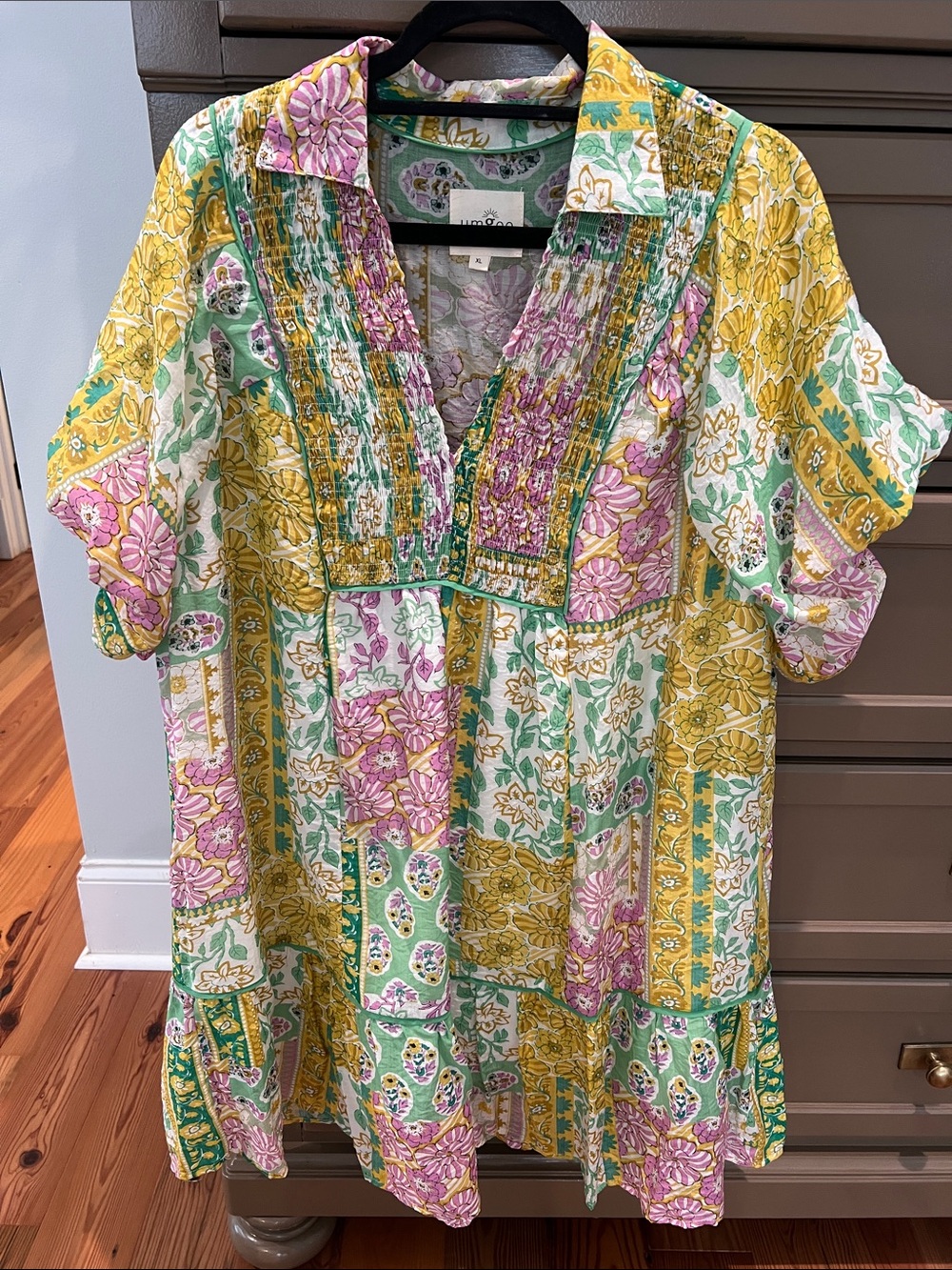 Umgee Floral Patchwork Smocked Tunic - Yellow, Pink, Green